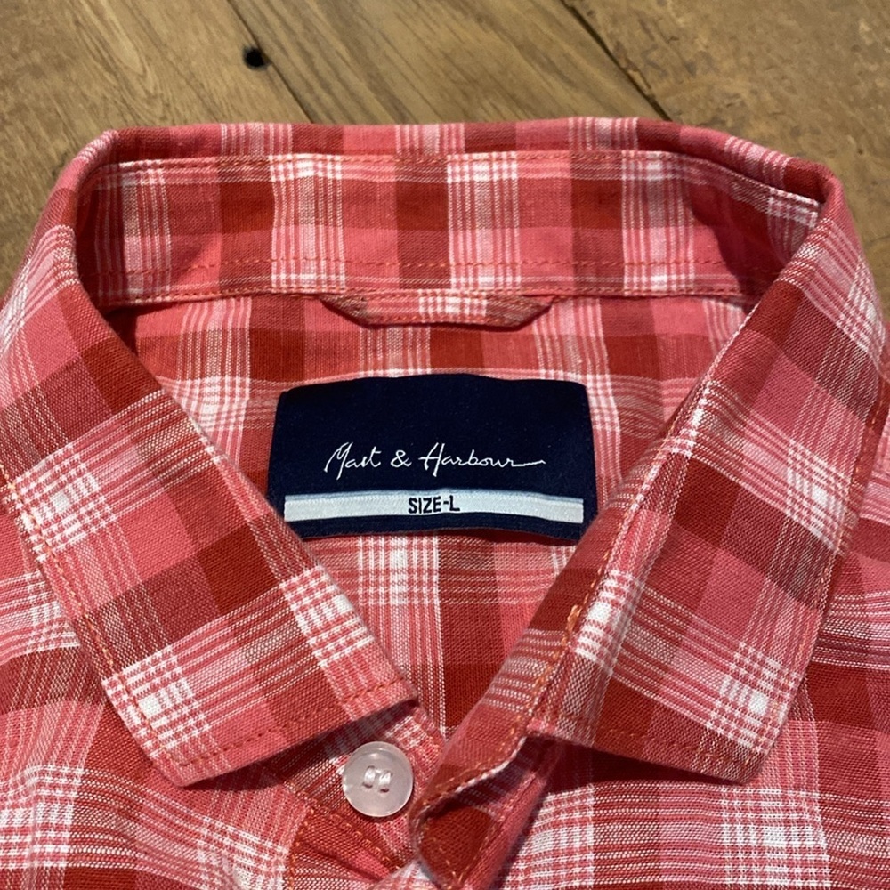 Mast & Harbour Linen Blend Pink White Plaid Madras L/S Button Up Shirt Sz LARGE